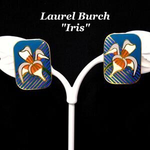 Vintage Laurel Burch "Iris" Clip On Earrings, Gold Plated Cloisonné Enamel, 1980